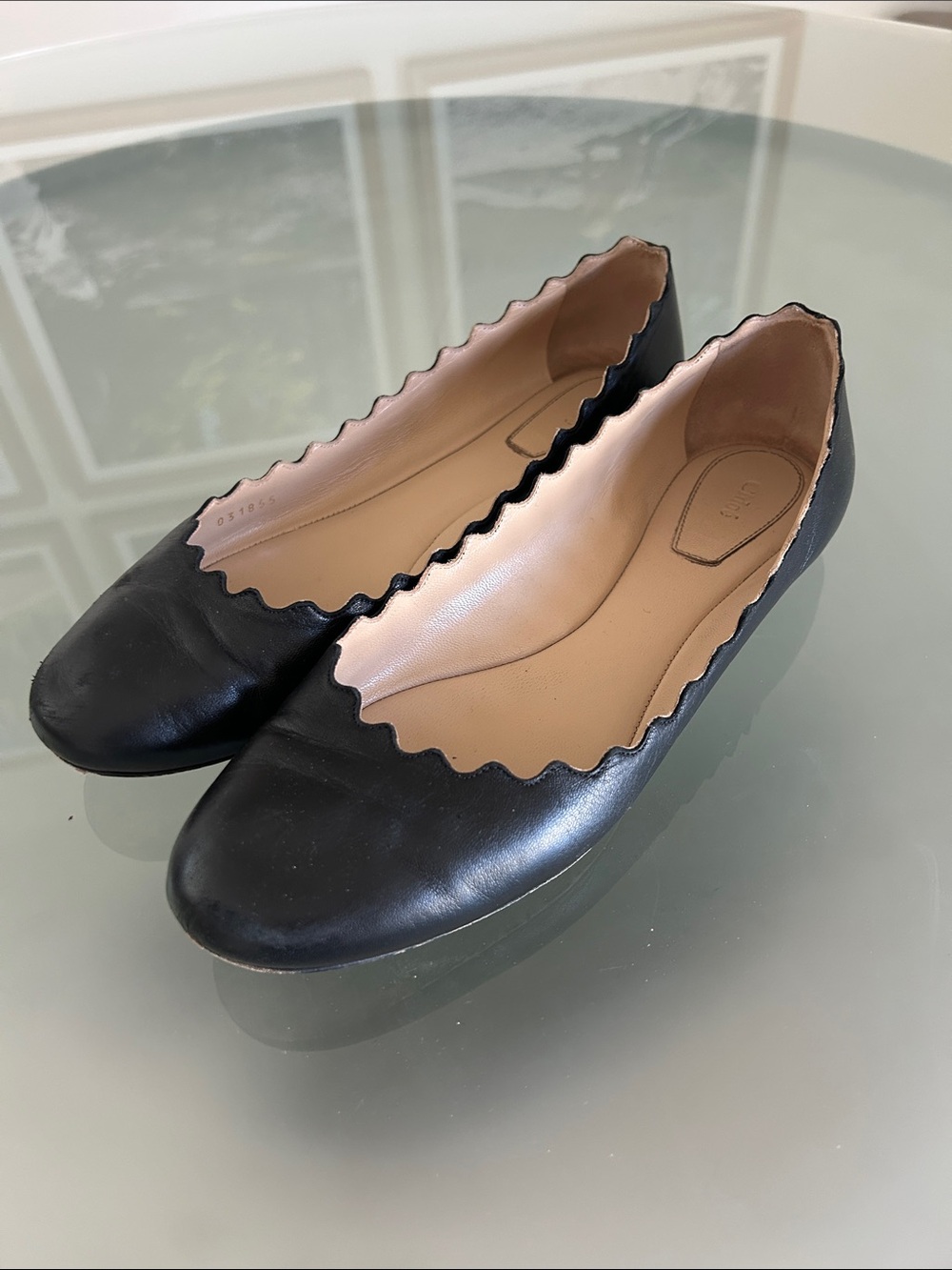 Chloé Lauren Black Leather Scalloped Ballet Flats Size 39